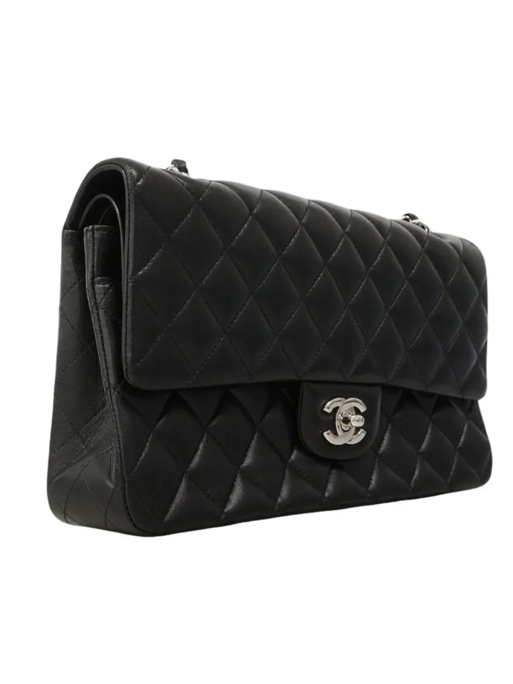 Chanel Shoulder Bag Quilted Lambskin Black Silver